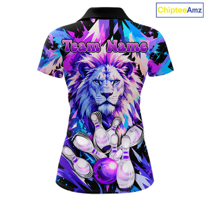 Custom Neon Blue Purple Lion Bowling Shirt For Women Lion Youth Bowler Bowling Team Jersey NYN5110