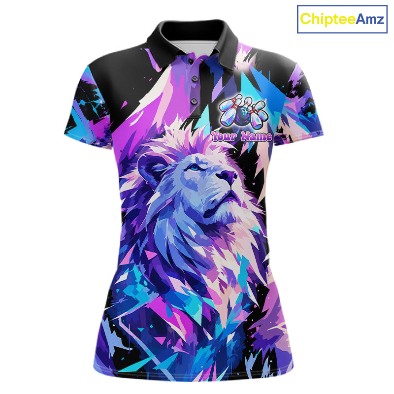 Custom Neon Blue Purple Lion Bowling Shirt For Women Lion Youth Bowler Bowling Team Jersey NYN5110