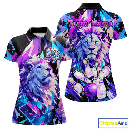 Custom Neon Blue Purple Lion Bowling Shirt For Women Lion Youth Bowler Bowling Team Jersey NYN5110
