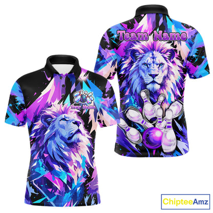 Custom Neon Blue Purple Lion Bowling Shirt For Men Lion Youth Bowler Bowling Team Jersey NYN5110