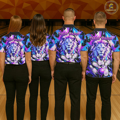 Custom Neon Blue Purple Lion Bowling Shirt For Men Lion Youth Bowler Bowling Team Jersey NYN5110