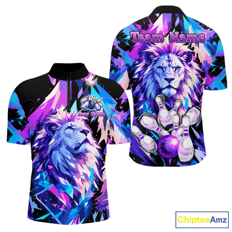 Custom Neon Blue Purple Lion Bowling Shirt For Men Lion Youth Bowler Bowling Team Jersey NYN5110