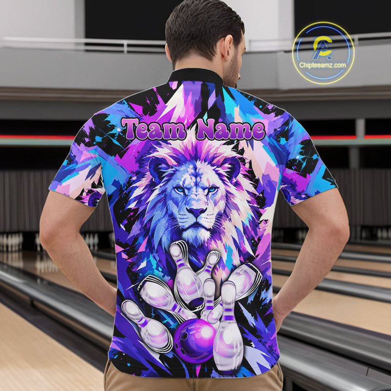 Custom Neon Blue Purple Lion Bowling Shirt For Men Lion Youth Bowler Bowling Team Jersey NYN5110