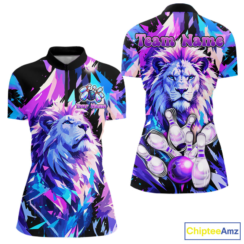 Custom Neon Blue Purple Lion Bowling Shirt For Women Lion Youth Bowler Bowling Team Jersey NYN5110