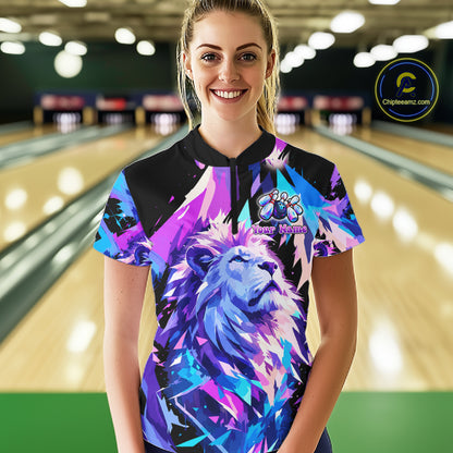 Custom Neon Blue Purple Lion Bowling Shirt For Women Lion Youth Bowler Bowling Team Jersey NYN5110