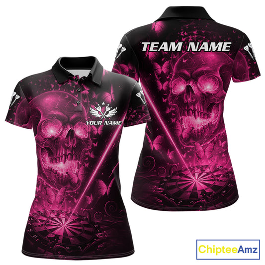 Lightning Pink Butterflies Skull Dartboard Custom Women Darts Polo Shirt Dart Jerseys NYN2355