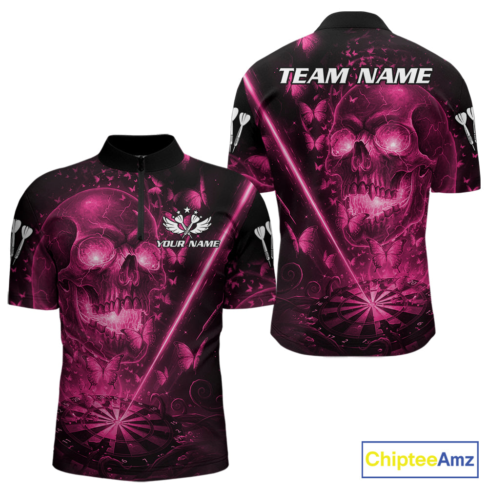Lightning Pink Butterflies Skull Dartboard Custom Men Darts 1/4-Zip Shirt Dart Jerseys NYN2355