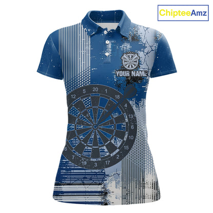 Blue Grey Grunge Dartboard Women Dart Polo & 1/4-Zip Shirt Custom Team Name Dart Jersey For Darters NYN2975