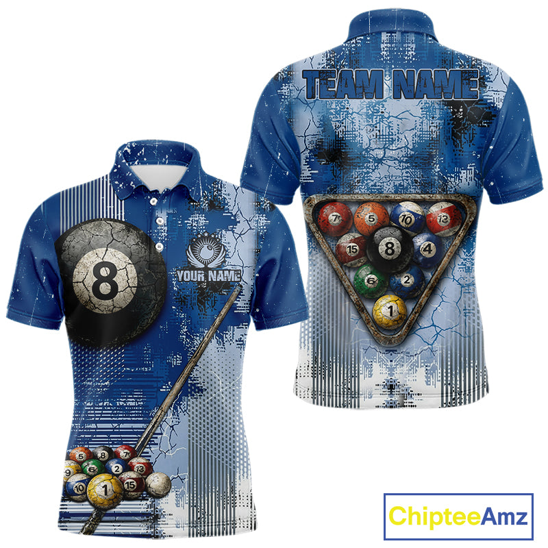 Blue Grey Grunge 8 Ball Pool Shirts Custom Men Billiard Pool Shirts Rack Billiard Team Jerseys NYN2976