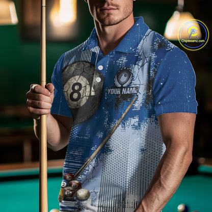 Blue Grey Grunge 8 Ball Pool Shirts Custom Men Billiard Pool Shirts Rack Billiard Team Jerseys NYN2976
