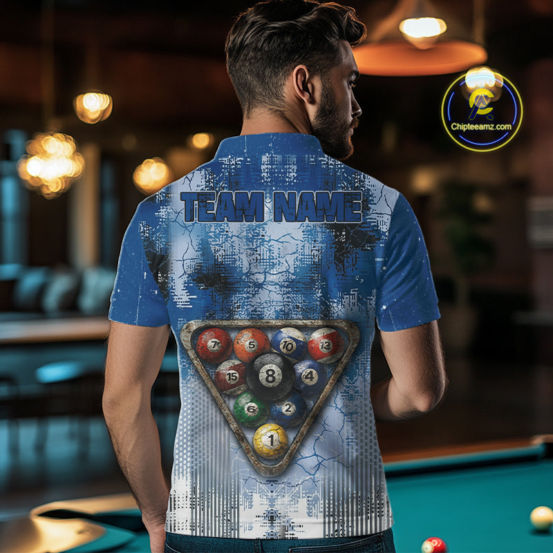 Blue Grey Grunge 8 Ball Pool Shirts Custom Men Billiard Pool Shirts Rack Billiard Team Jerseys NYN2976