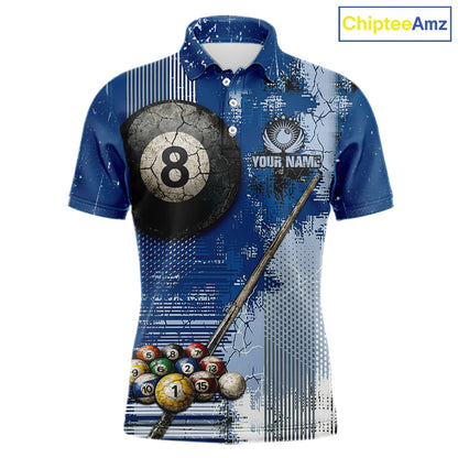 Blue Grey Grunge 8 Ball Pool Shirts Custom Men Billiard Pool Shirts Rack Billiard Team Jerseys NYN2976