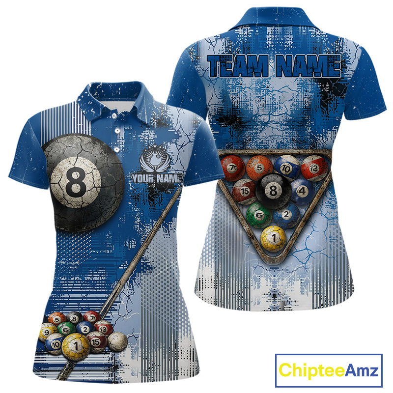 Blue Grey Grunge 8 Ball Pool Shirts Custom Women Billiard Pool Shirts Rack Billiard Team Jerseys NYN2976