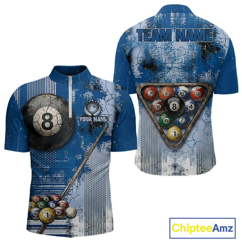 Blue Grey Grunge 8 Ball Pool Shirts Custom Men Billiard Pool Shirts Rack Billiard Team Jerseys NYN2976