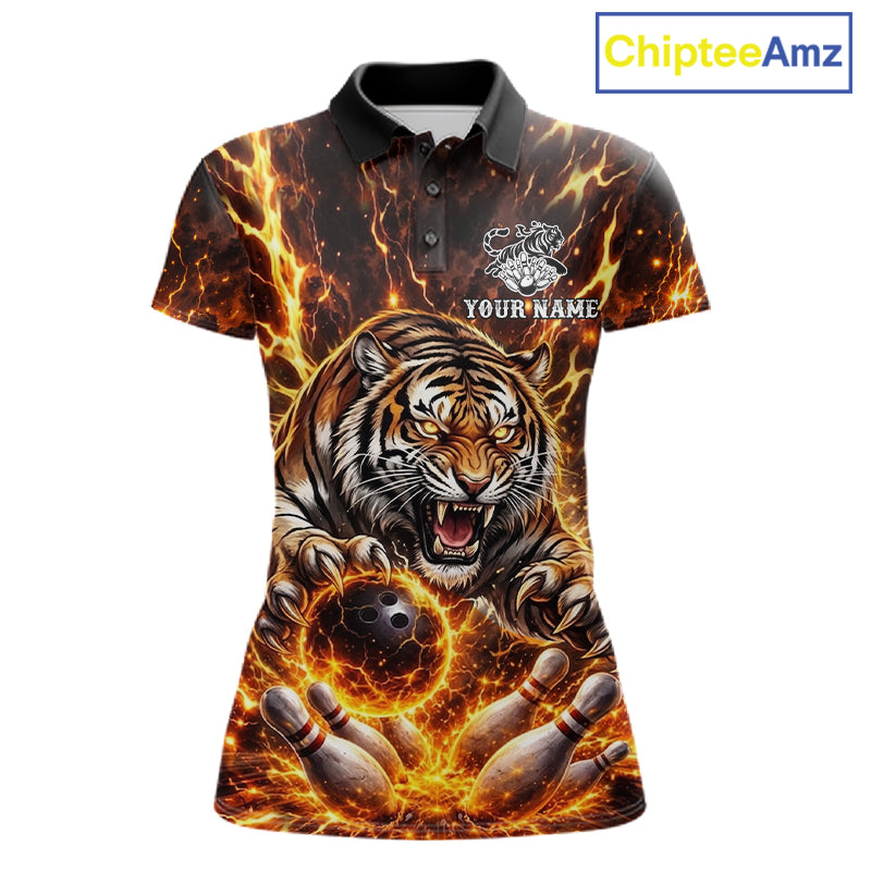 Custom Orange Fire Flaming Tiger Bowling Shirts For Women Tiger Bowling Tournament Shirt NYN3944