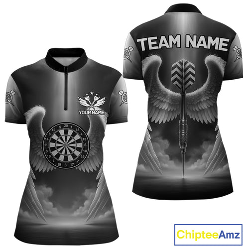Grey Silver Wings Dartboard & Arrow Custom Women Darts Quarter-Zip Shirt Outfits Dart Jerseys NYN1858