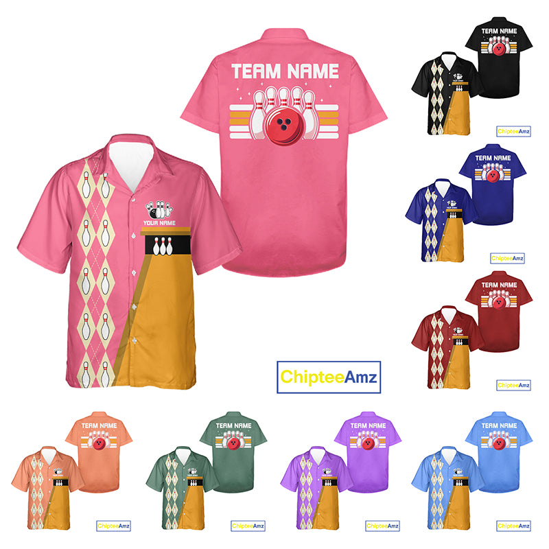 Multi-Color Retro Bowling Hawaiian Shirt Custom Argyle Jersey Vintage Bowling Button Down Shirt NYN4404