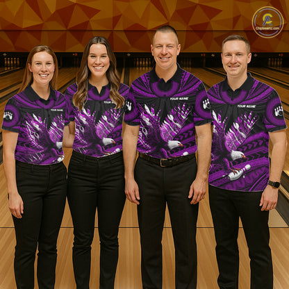 Custom Purple Tribal Pattern Polynesian Eagle Bowling Men Polo Quarter-Zip Shirts, Bowling Team Attire NYN3689