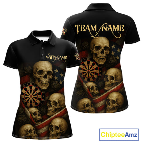 Custom Grunge Skull Dartboard Patriotic Dart Women Polo Shirt US Flag Dart Jerseys NYN1562