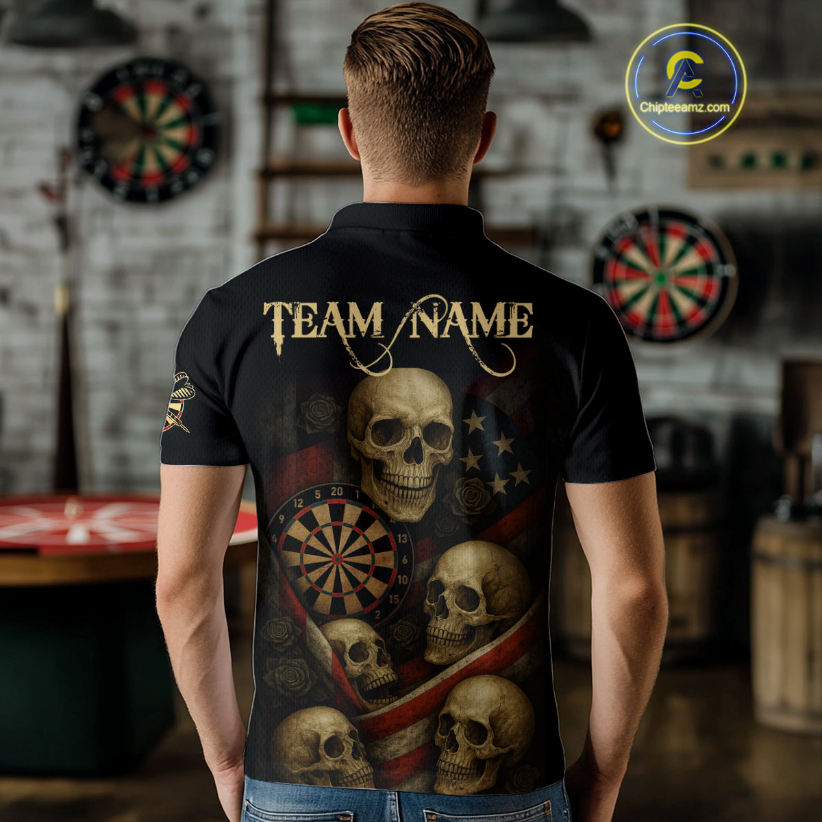 Custom Grunge Skull Dartboard Patriotic Dart Men Polo Shirt US Flag Dart Jerseys NYN1562