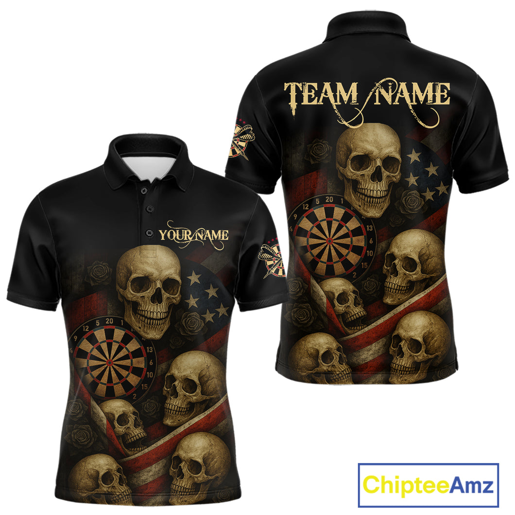 Custom Grunge Skull Dartboard Patriotic Dart Men Polo Shirt US Flag Dart Jerseys NYN1562