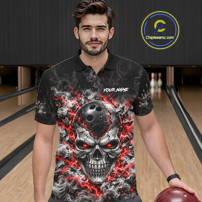 Personalized Red Thunder Skull Bowling Polo 1/4-Zip For Men Custom Flaming Bowling Team Apparel NYN4734