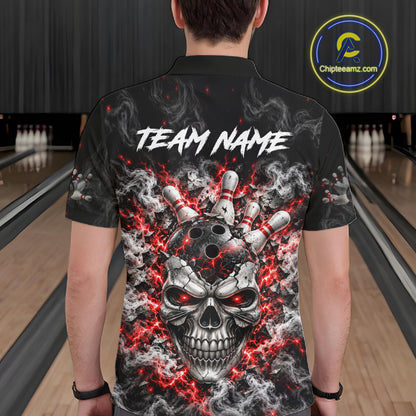Personalized Red Thunder Skull Bowling Polo 1/4-Zip For Men Custom Flaming Bowling Team Apparel NYN4734