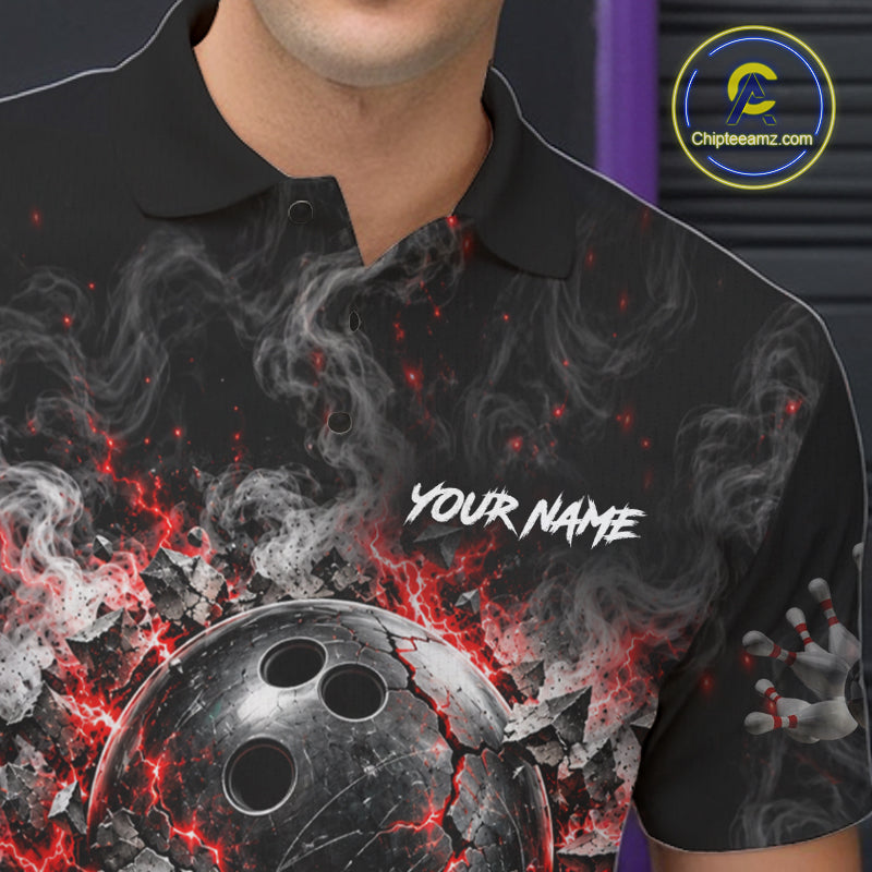 Personalized Red Thunder Skull Bowling Polo 1/4-Zip For Men Custom Flaming Bowling Team Apparel NYN4734