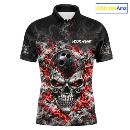 Personalized Red Thunder Skull Bowling Polo 1/4-Zip For Men Custom Flaming Bowling Team Apparel NYN4734