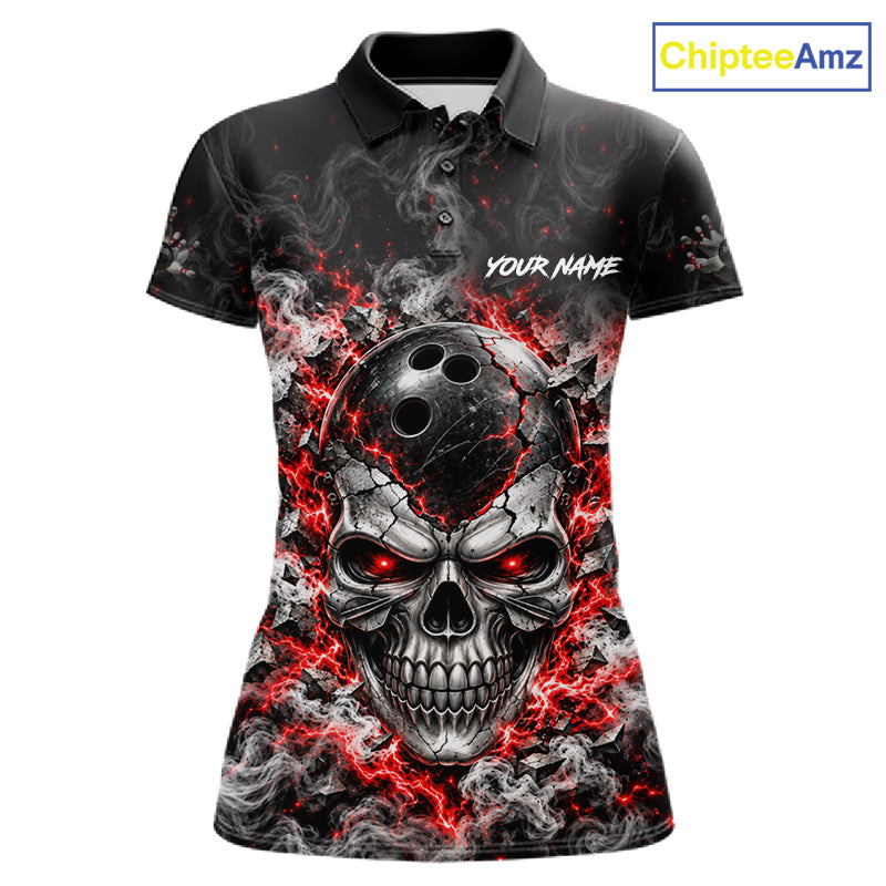 Personalized Red Thunder Skull Bowling Polo 1/4-Zip For Women Custom Flaming Bowling Team Apparel NYN4734