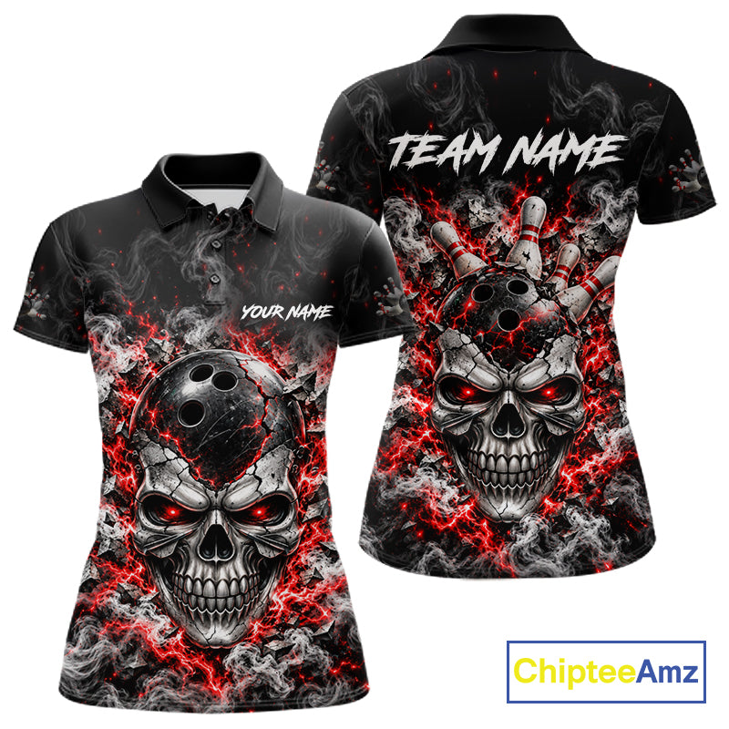 Personalized Red Thunder Skull Bowling Polo 1/4-Zip For Women Custom Flaming Bowling Team Apparel NYN4734