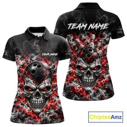 Personalized Red Thunder Skull Bowling Polo 1/4-Zip For Women Custom Flaming Bowling Team Apparel NYN4734
