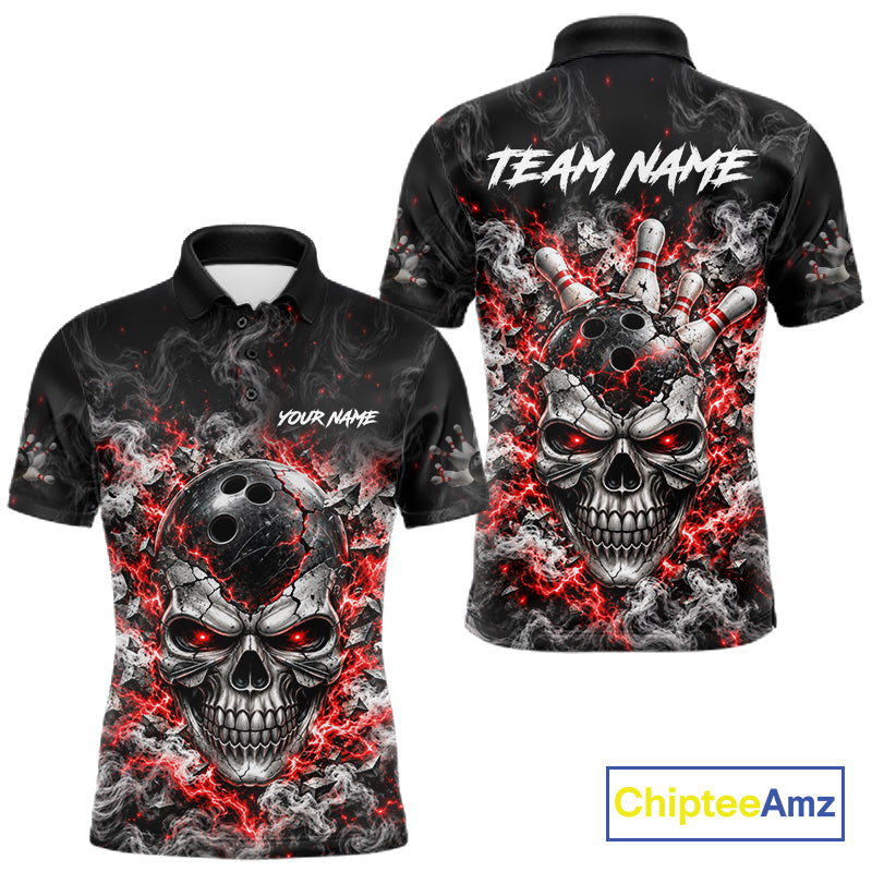 Personalized Red Thunder Skull Bowling Polo 1/4-Zip For Men Custom Flaming Bowling Team Apparel NYN4734