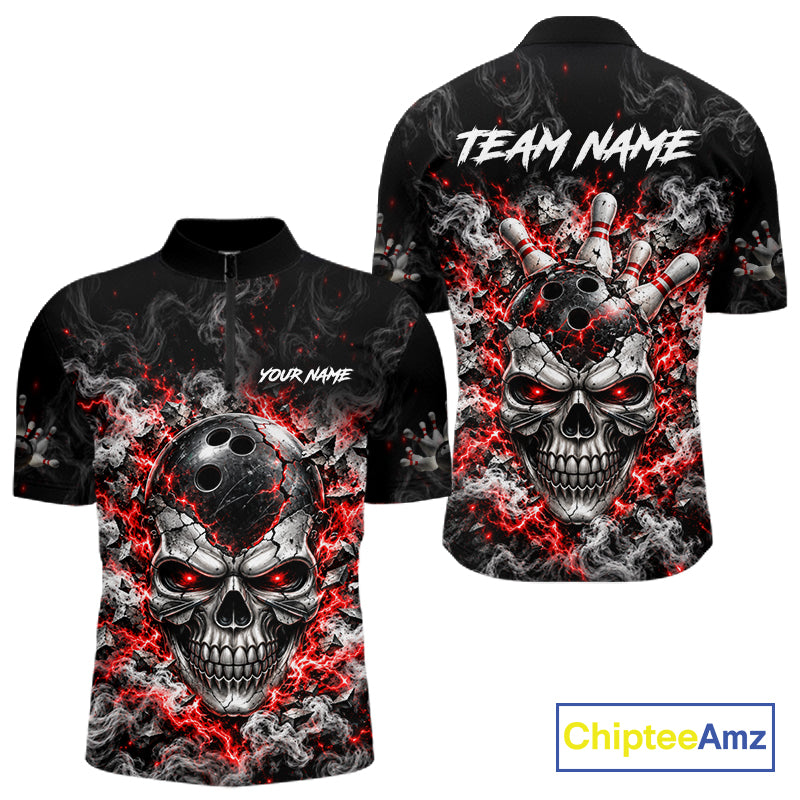 Personalized Red Thunder Skull Bowling Polo 1/4-Zip For Men Custom Flaming Bowling Team Apparel NYN4734