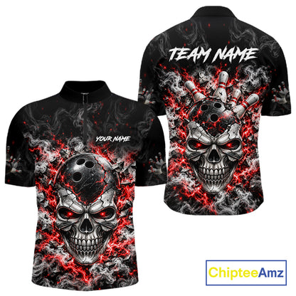 Personalized Red Thunder Skull Bowling Polo 1/4-Zip For Men Custom Flaming Bowling Team Apparel NYN4734