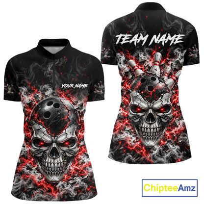 Personalized Red Thunder Skull Bowling Polo 1/4-Zip For Women Custom Flaming Bowling Team Apparel NYN4734
