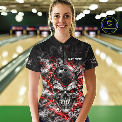 Personalized Red Thunder Skull Bowling Polo 1/4-Zip For Women Custom Flaming Bowling Team Apparel NYN4734