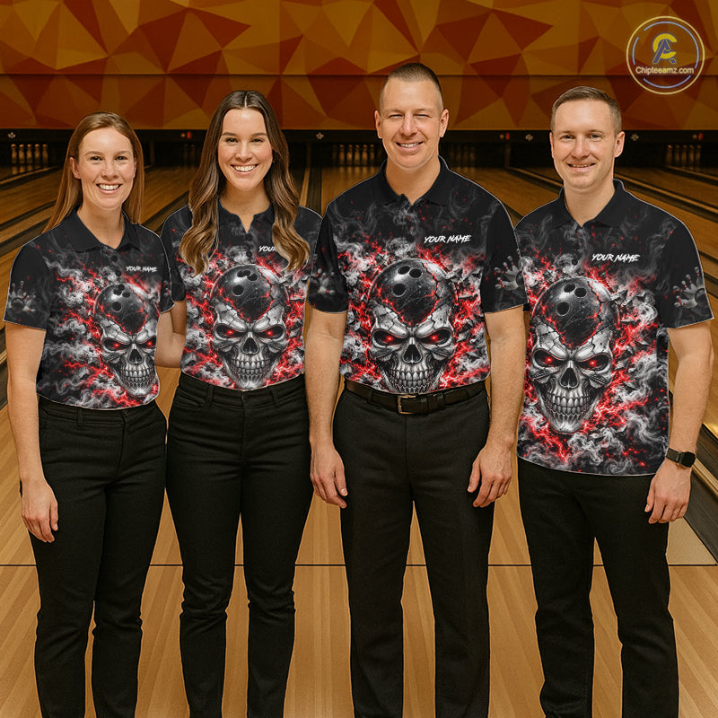 Personalized Red Thunder Skull Bowling Polo 1/4-Zip For Men Custom Flaming Bowling Team Apparel NYN4734