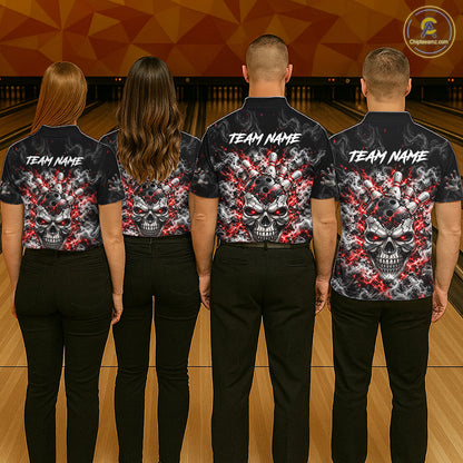 Personalized Red Thunder Skull Bowling Polo 1/4-Zip For Men Custom Flaming Bowling Team Apparel NYN4734