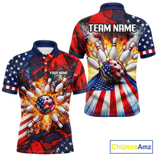 Personalized Patriotic Bowling Polo 1/4-Zip For Men Custom American Flag Flaming Bowling Strike Apparel NYN4736