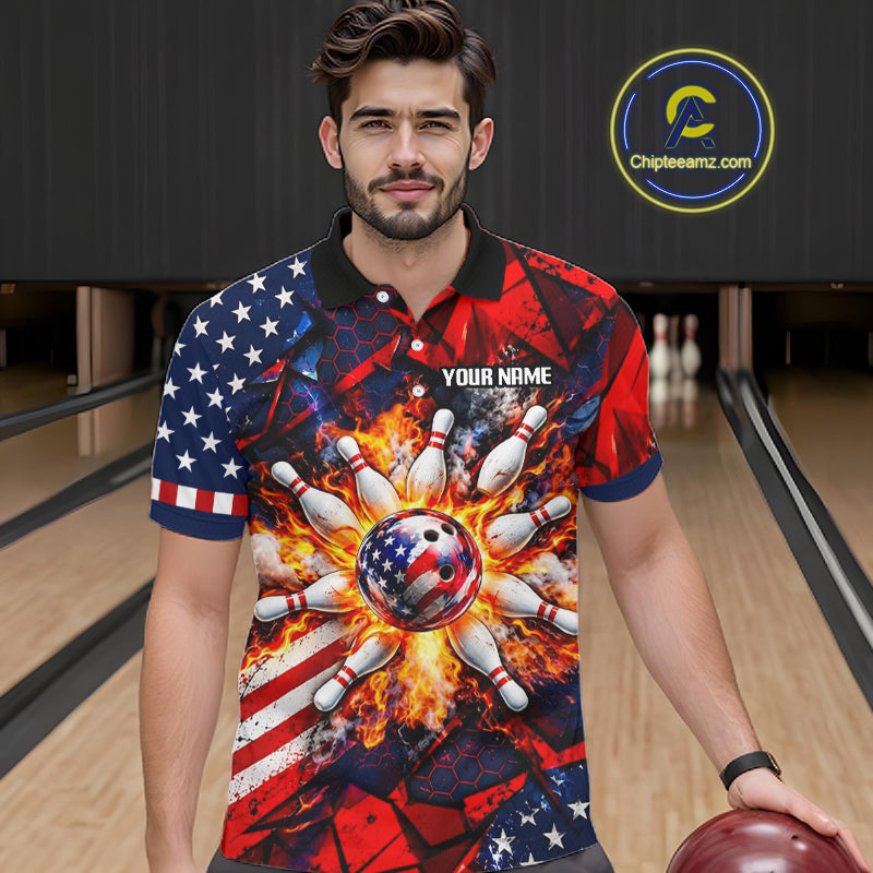 Personalized Patriotic Bowling Polo 1/4-Zip For Men Custom American Flag Flaming Bowling Strike Apparel NYN4736