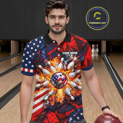 Personalized Patriotic Bowling Polo 1/4-Zip For Men Custom American Flag Flaming Bowling Strike Apparel NYN4736