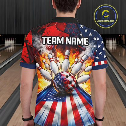 Personalized Patriotic Bowling Polo 1/4-Zip For Men Custom American Flag Flaming Bowling Strike Apparel NYN4736