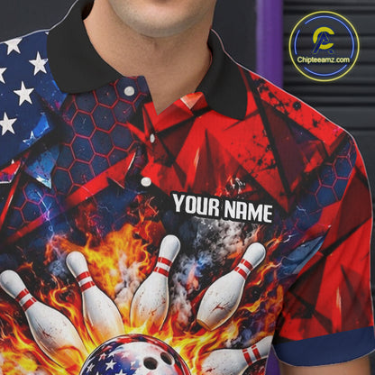 Personalized Patriotic Bowling Polo 1/4-Zip For Men Custom American Flag Flaming Bowling Strike Apparel NYN4736