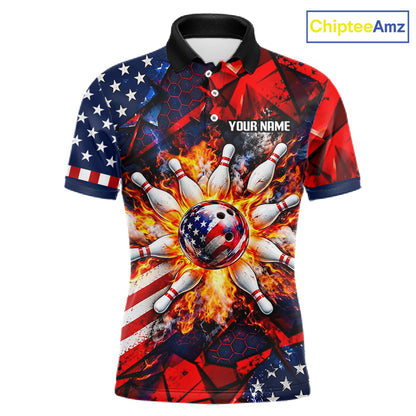 Personalized Patriotic Bowling Polo 1/4-Zip For Men Custom American Flag Flaming Bowling Strike Apparel NYN4736
