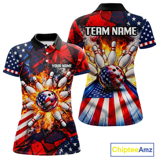 Personalized Patriotic Bowling Polo 1/4-Zip For Women Custom American Flag Flaming Bowling Strike Apparel NYN4736