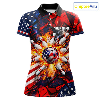 Personalized Patriotic Bowling Polo 1/4-Zip For Women Custom American Flag Flaming Bowling Strike Apparel NYN4736