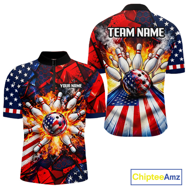 Personalized Patriotic Bowling Polo 1/4-Zip For Men Custom American Flag Flaming Bowling Strike Apparel NYN4736