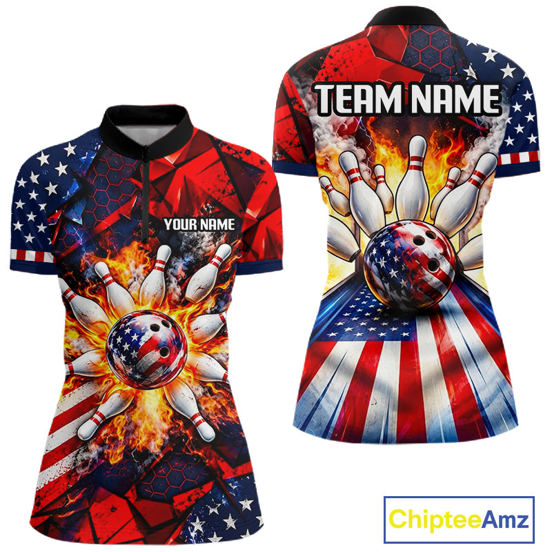 Personalized Patriotic Bowling Polo 1/4-Zip For Women Custom American Flag Flaming Bowling Strike Apparel NYN4736