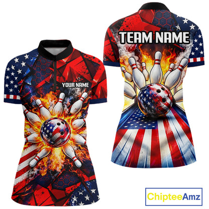 Personalized Patriotic Bowling Polo 1/4-Zip For Women Custom American Flag Flaming Bowling Strike Apparel NYN4736